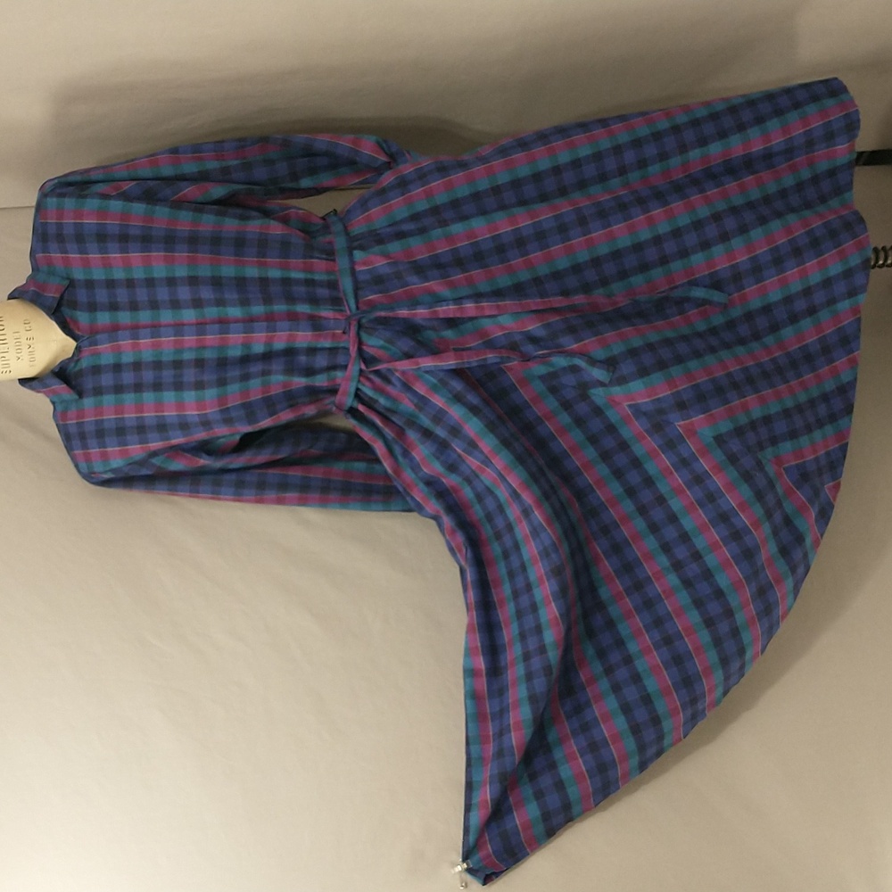 Twill Plaid Vintage Dress Circle Skirt Shirtdress Belt & Pockets Bright Color